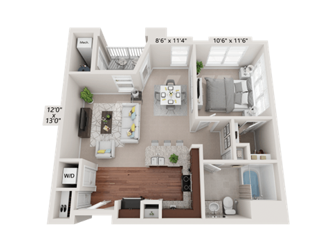 Floor plan for 1 bed, 1 bath, 748 sqft